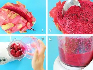 1、这绝不是天边的红日，是宝宝餐桌的美食,火龙果切开，取肉，放入辅食机中搅打成汁