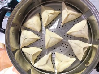 17、红糖伍仁馅糖三角,蒸帘上抹薄薄一层油，排好糖三角，留有空隙，给它发挥的余地！