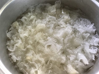 3、蔓越莓桃胶银耳羹,把泡发清洗干净的银耳放入砂锅，加上适量的水。