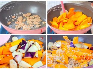 4、南瓜软饭,热锅核桃油，放入肉末翻炒。变色以后放南瓜片，茄子翻炒。南瓜炒至半熟，加入淘洗好的米一起翻炒。1岁以上的宝宝可以加1勺盐一起炒。