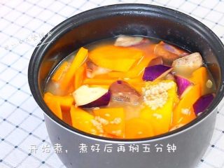 6、南瓜软饭,加适量水，开始煮。由于南瓜占地比较大，加水的时间不要加多了，最终时间还有露出来的，不是全部漫进去。