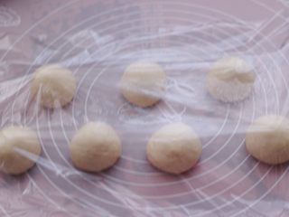 5、圣诞雪花豆沙包,这个时候盖上保鲜膜松弛20分钟。