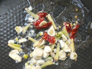 11、飘香蒜苗炒腊兔腿,炒锅放油,倒入干辣椒,姜丝和蒜末煸炒出味。