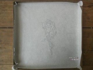 2、彩绘玫瑰蛋糕卷,将绘有玫瑰花的油纸反面朝上，铺在28*28cm的金盘内