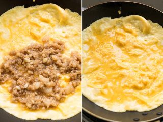 3、汁浇肉蛋烧,蛋液起边差不多时再用筷子把锅中间区域的蛋液搅一搅，随后铺上炒好的肉沫