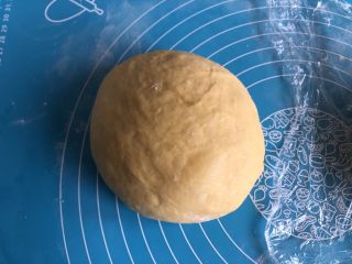 7、南瓜椰蓉面包,平均分成两份，滚圆后表面覆盖保鲜膜静置松弛15分钟