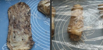 4、巧克力吐司,用擀面杖擀成大牛舌状，从上到下卷起，盖保鲜膜松弛15分钟后再次擀扁呈长条状，卷起