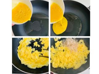 4、生煎—素馅,炒锅放入油 将鸡蛋滑散 加入虾米翻炒几下