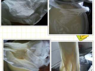 4、自制豆腐花,然后用干净纱布袋放在另个深碟中、两手抓住刚煮沸好桨的锅耳慢慢向纱布袋倒入、看见纱布袋里那个渣然后把它提上来可以看出布袋的残渣。（我只过虑一次）