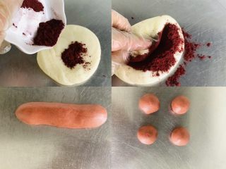 15、Q弹麻糬面包,取一面剂加入红曲粉，耐心揉搓均匀，平均分成四份，双手对搓揉圆，大概30克左右一个。