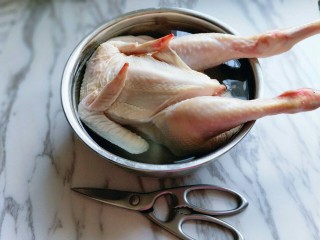 1、#做妈妈的拿手菜#红烧鸡块炖小土豆,准备剪刀和鸡，鸡放冷水中泡30分钟。