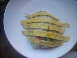 10、创意菠萝饭,将蛋皮条摆放在米饭上。