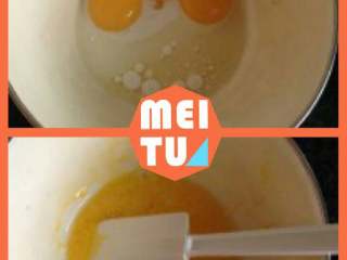 2、海棉小纸杯蛋糕,蛋黄中放入牛奶和玉米油，搅打均匀