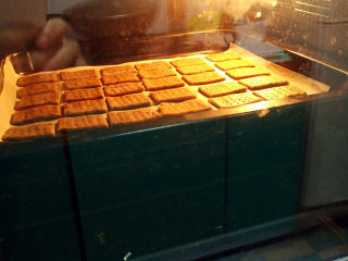 8、海苔全麦苏打饼,塞进预热好180°的烤箱，上下火烤15分钟左右。隔着烤箱门，你能闻到阵阵飘香的！∩_∩