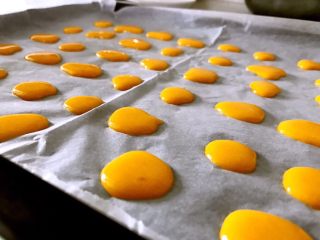 10、蛋黄饼干，宝宝零食的最佳选择,烤盘上放张油纸，将蛋黄糊挤到烤盘上。