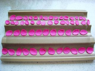 9、出水芙蓉饼干,摆入模具中。（图中使用的是法棍模具，利用弧度烤出的花瓣更漂亮，也可用其他类似模具代替。）