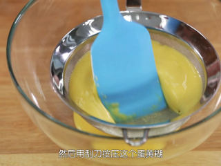 8、基础原味蛋糕卷,把蛋黄糊用一个60目的面粉筛过筛，这个动作很有必要，想要做出细腻的蛋糕卷，这一步是重点；接着拿一个干净的手动打蛋器检查蛋白霜的状态，就算是成功的蛋白霜，表面也会有一点点的结块，所以这个步骤也不能省略，这是为了待会更好的跟蛋黄糊混匀