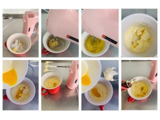 8、紫薯塔,黄油放入容器中加入25克的糖分，一档大发，打发至明显体积变大颜色发白，加入10克的全蛋液继续打发蛋液全部融入后，再次加入剩余的全蛋液继续打发，最后加入两滴香草精打至顺滑。