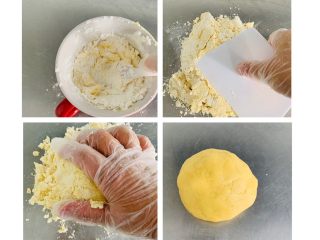 9、紫薯塔,打发好的黄油加入白鲨低筋面粉，用按压的手法进行混合，简单的翻拌按压后放入案板上用手按压均匀没有干粉成团即可。