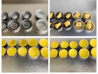 10、紫薯塔,清洗菊花蛋挞模具，将揉好的塔皮分割成20克一个，放入模具中轻轻用手推压成型，用叉子在底部戳一些小洞，放置在烘烤鼓起。