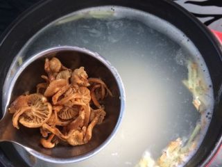 8、文蛤虾仁海鲜粥,再加入鸡针菇，中小火煮5分钟。