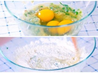 2、西葫芦早餐饼,螺丝牛奶泥加入，还有鸡蛋搅打均匀，再加入面粉，搅拌成可流淌的糊状。
