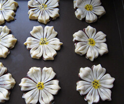 11、葵花酥 ,排进烤盘，在圆心刷上蛋黄液，再撒几粒黑芝麻点缀；