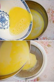 4、面包布丁,鸡蛋打散，放入奶浆中搅拌均匀，过滤一次成布丁液。