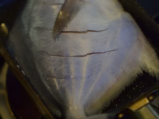 4、健康烧烤摊之干煎鲳鳊鱼,放入鱼，小火煎。