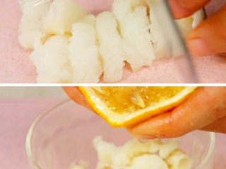 2、杂蔬鳕鱼猫饭团, 鳕鱼切小块,挤几滴柠檬汁腌制一下去腥。