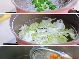 4、杂蔬鳕鱼猫饭团,紧接着将蔬菜都焯一下,胡萝卜,西兰花,娃娃菜叶热水里焯过后捞出来备用。