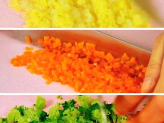 5、杂蔬鳕鱼猫饭团,焯好后,我看胡萝卜还是有点大,再一次给它切切碎。西兰花、娃娃菜叶也都切切碎。蔬菜的大小根据自家宝宝的咀嚼能力决定哦。