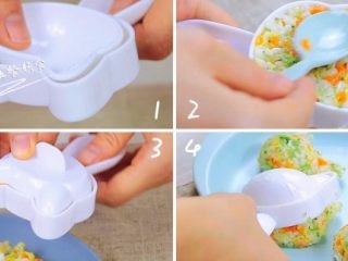 14、杂蔬鳕鱼猫饭团,开始来做饭团,底片放进去,饭用勺子盛进去,压实后倒在盘子里。