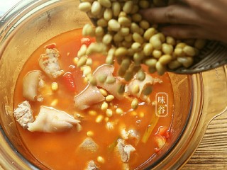 10、番茄黄豆猪蹄汤,倒入泡好的黄豆