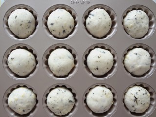 15、 海苔芝士玛德琳咸面包,发酵8分满取出面团,盖上油纸用平盘压好