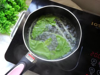 4、鱿鱼清粥,水开将小白菜放入锅中焯水3分钟