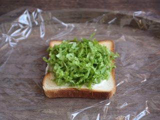 8、蒸烤鸡胸时蔬三明治（便携美食）,放上一层生菜丝。