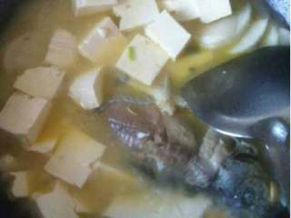 6、下奶的鲫鱼汤,水开后加入萝卜豆腐煮5分钟