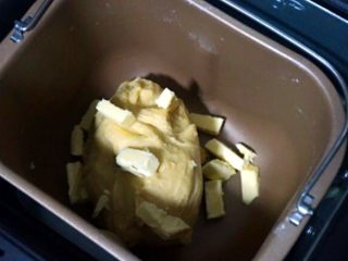 2、蔓越梅手撕面包,放入室温软化的黄油，再次按和面团发酵模式，再揉一次面。