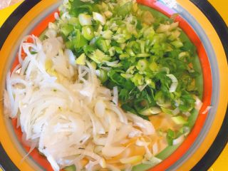 27、春饼卷土豆丝,然后进行第三步，准备辅料。切足够多的葱沫，大葱白辣、足味儿，小葱鲜好嚼，我搭配在一起，感觉这样更完美。呵呵。