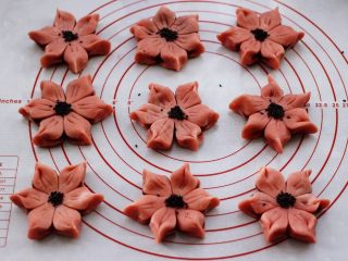 19、桃花朵朵开-桃花酥,依次做好所有的桃花的形状以后,在中间抹上全蛋液,撒上黑芝麻。