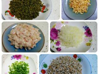 1、叶儿粑,鸡蛋打散煎成蛋饼切细。其他各种配菜切成细颗备用。