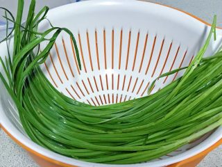 1、春游食谱~韭菜煎蛋,韭菜挑掉老叶子,洗净,控干水份。
