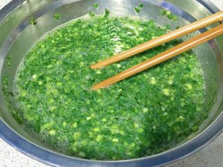 6、春游食谱~韭菜煎蛋,搅拌均匀。