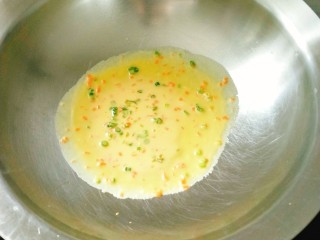 5、葱花鸡蛋饼,锅中加入少量植物油，油热后倒入鸡蛋液