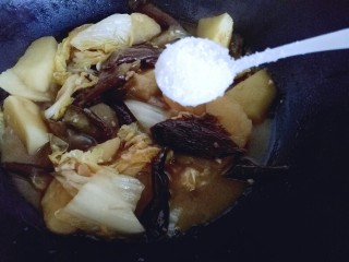 15、土豆茄子白菜煲,加入盐，翻炒均匀。