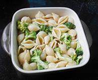 4、苹果紫薯焗贝壳粉,烤碗刷一层油，底层放入拌好贝壳粉