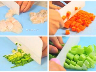 1、宝宝鱼肉小馄饨,龙利鱼切丁，胡萝卜切丁，葱切碎，油麦菜邦切碎。