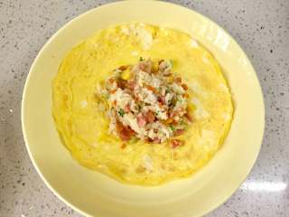 9、百变鸡蛋+福袋饭,把适量的炒饭舀入蛋皮中间，边缘捏褶把饭包起，收口用焯过的玉米叶撕成的细条扎起来。