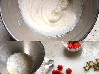 5、可爱圣诞帽子塔,淡奶油加糖打至花纹清晰，装入裱花袋；草莓洗净晾干、去蒂；取一个凉透的塔皮，挤上淡奶油，放一个草莓，高颜值的帽子塔就做好了????